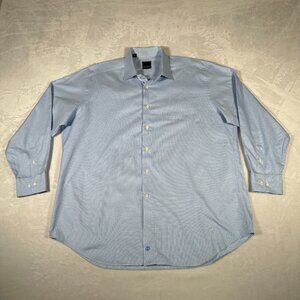 David Donahue Shirt Men Size 18 34 / 35 Blue Check Long Sleeve 100% Cotton